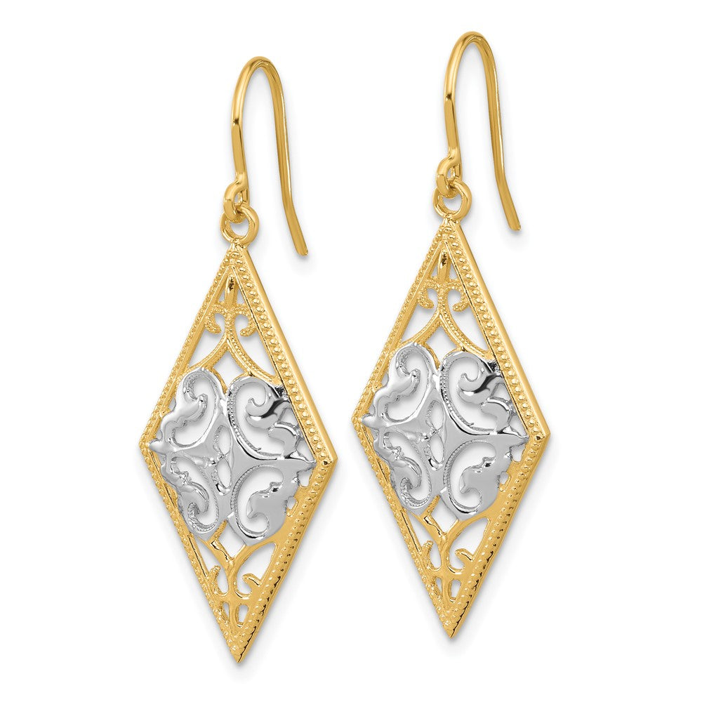 14K Yellow & Rhodium Diamond Shape Filigree Dangle Earrings