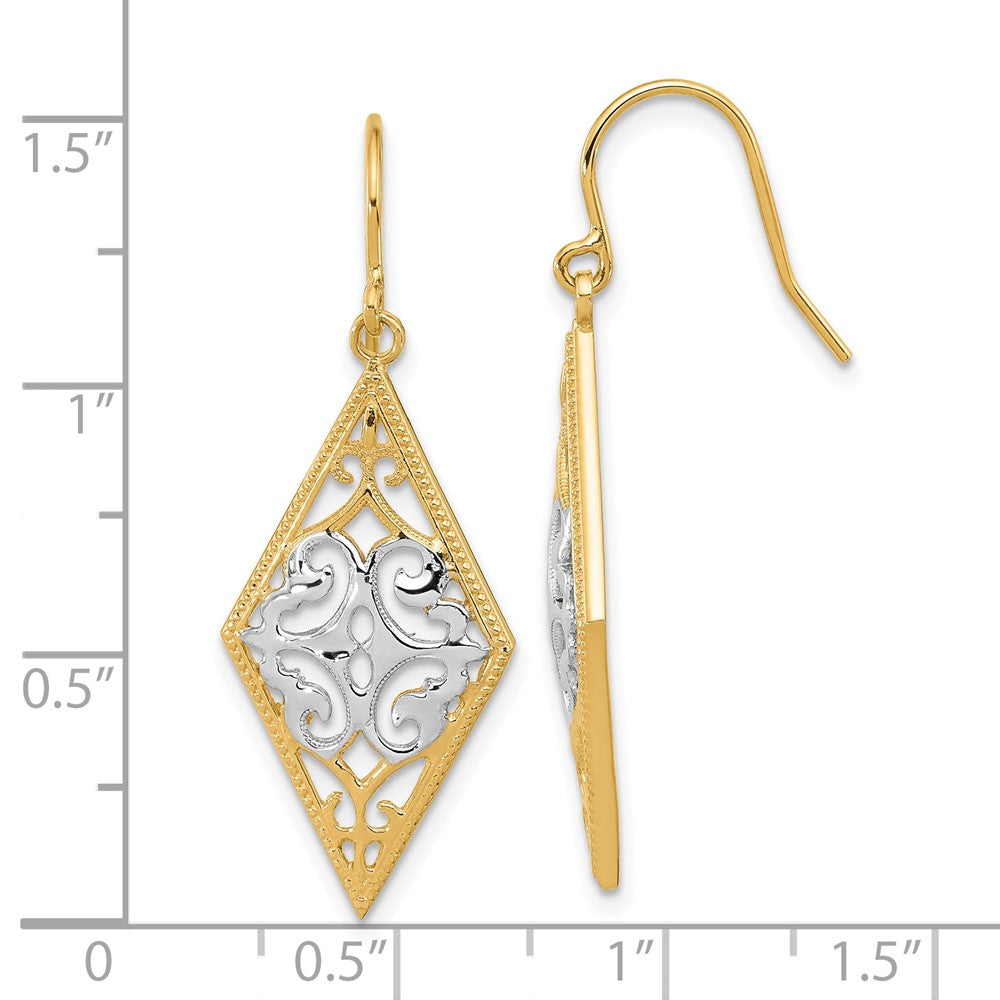 14K Yellow & Rhodium Diamond Shape Filigree Dangle Earrings