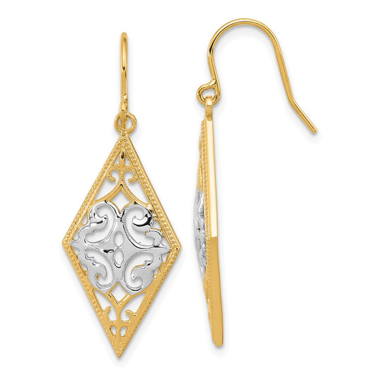 14K Yellow & Rhodium Diamond Shape Filigree Dangle Earrings