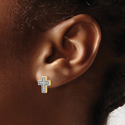 14K Yellow & Rhodium W/Rhodium Micro Pav Cz Cross Post Earrings