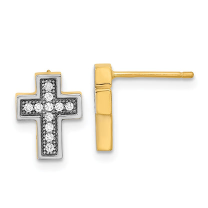 14K Yellow & Rhodium W/Rhodium Micro Pav Cz Cross Post Earrings