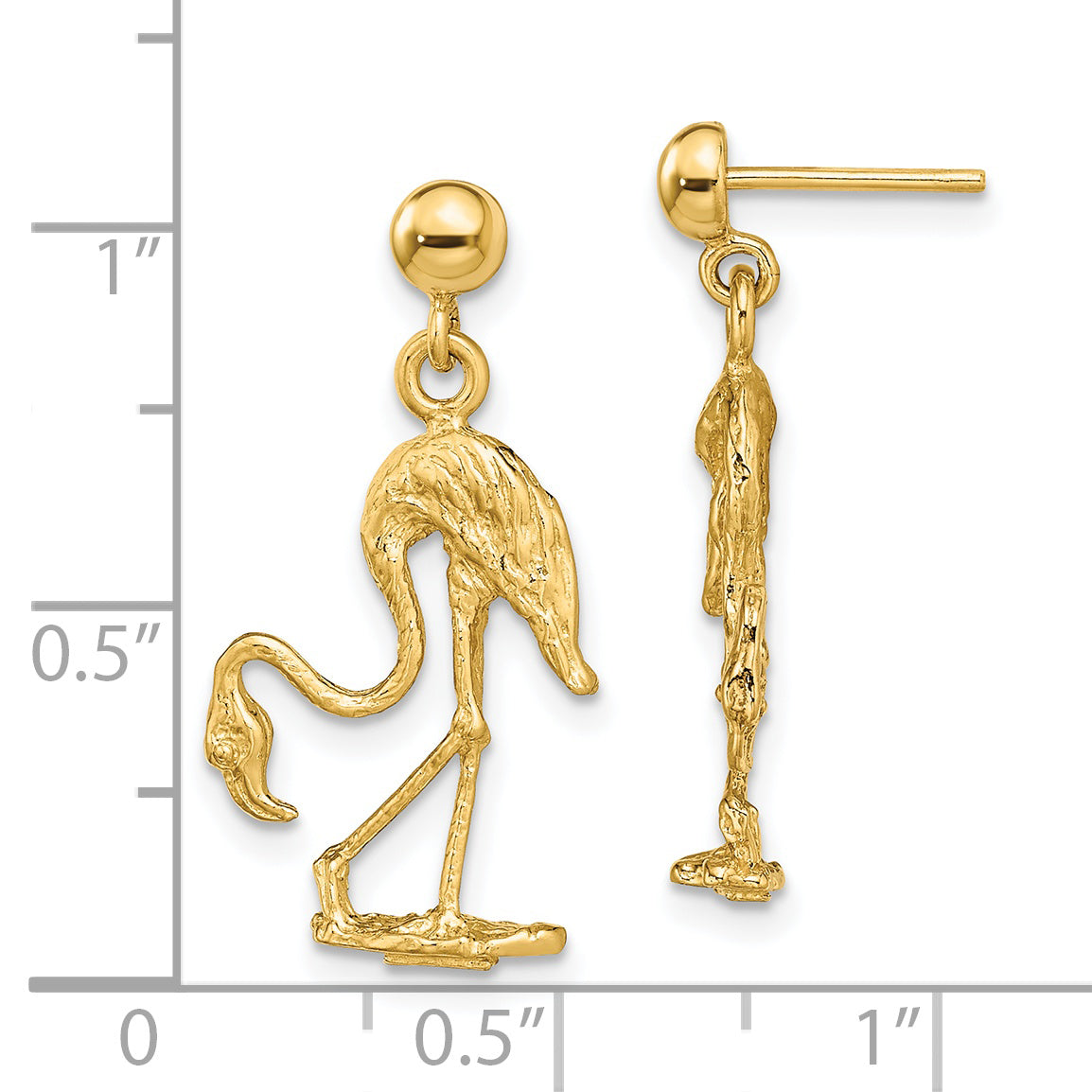 14K Yellow Gold 3-D Flamingo Dangle Earrings