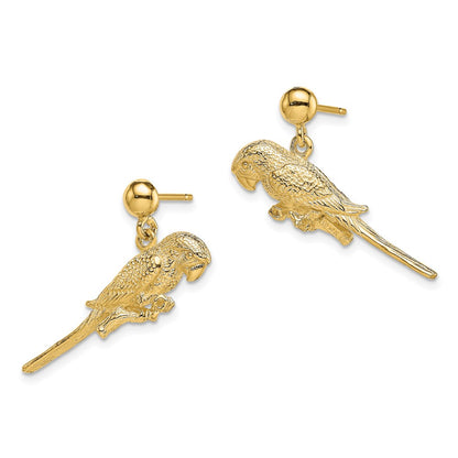 14K Yellow Gold 3-D Parrot Dangle Earrings