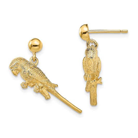 14K Yellow Gold 3-D Parrot Dangle Earrings