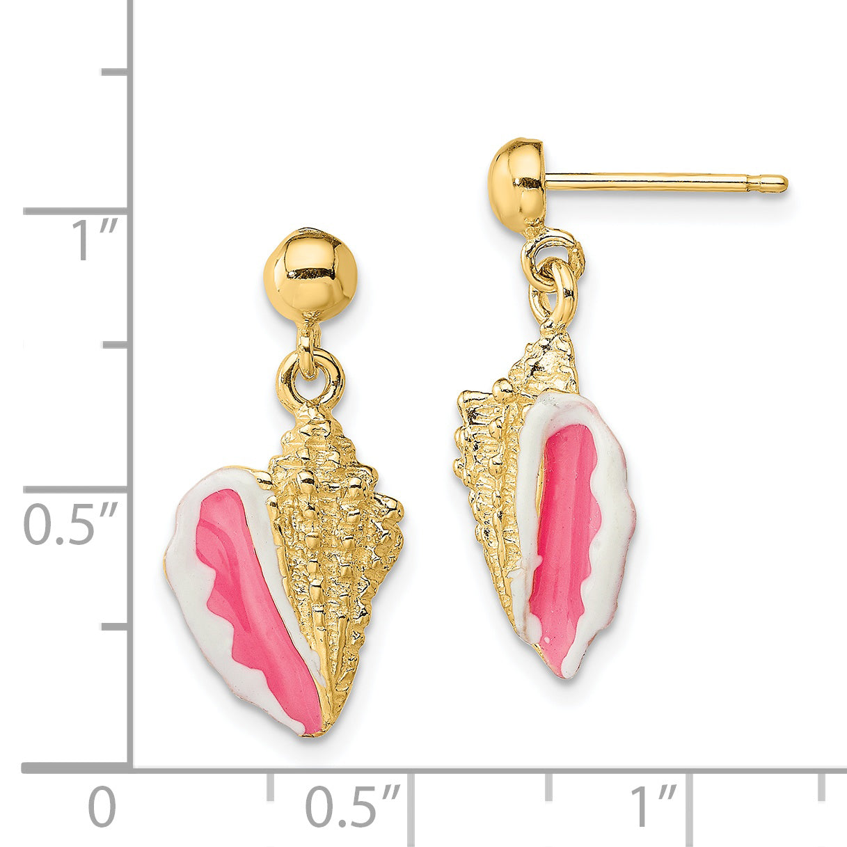 14K Yellow Gold White And Pink Enamel Conch Shell Dangle Earrings