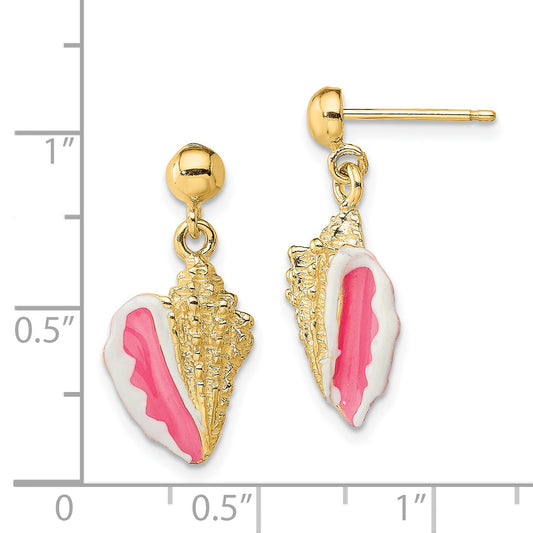 14K Yellow Gold White And Pink Enamel Conch Shell Dangle Earrings