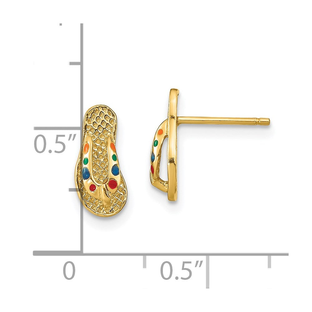 14K Yellow Gold 3D W/ Multi-Color Enamel Flip-Flop Earrings