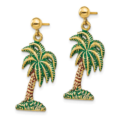 14K Yellow Gold W/ Enamel Palm Tree Dangle Earrings