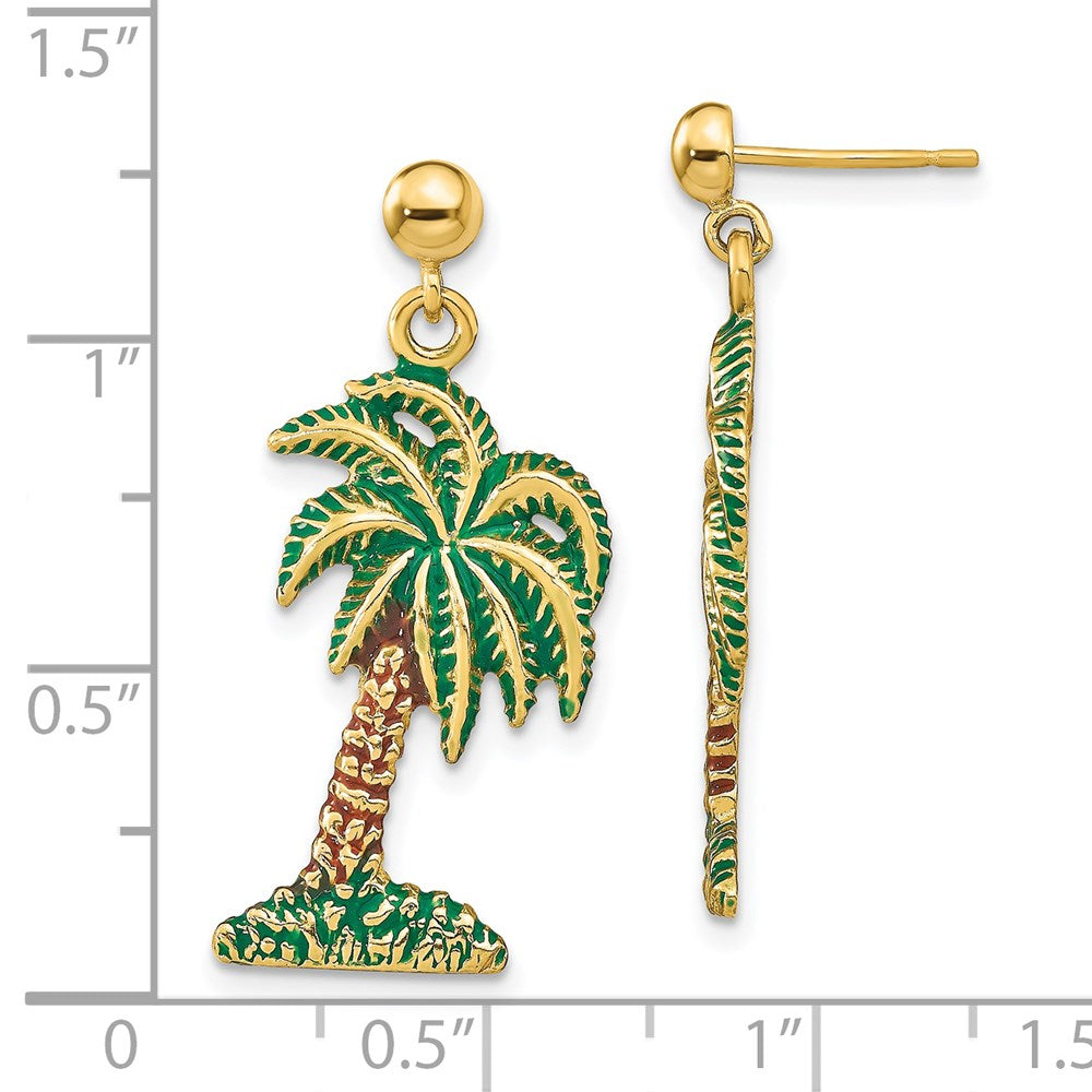 14K Yellow Gold W/ Enamel Palm Tree Dangle Earrings