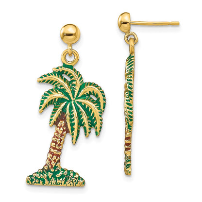 14K Yellow Gold W/ Enamel Palm Tree Dangle Earrings