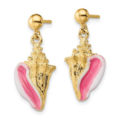 14K Yellow Gold White And Pink Enamel Conch Shell Dangle Earrings