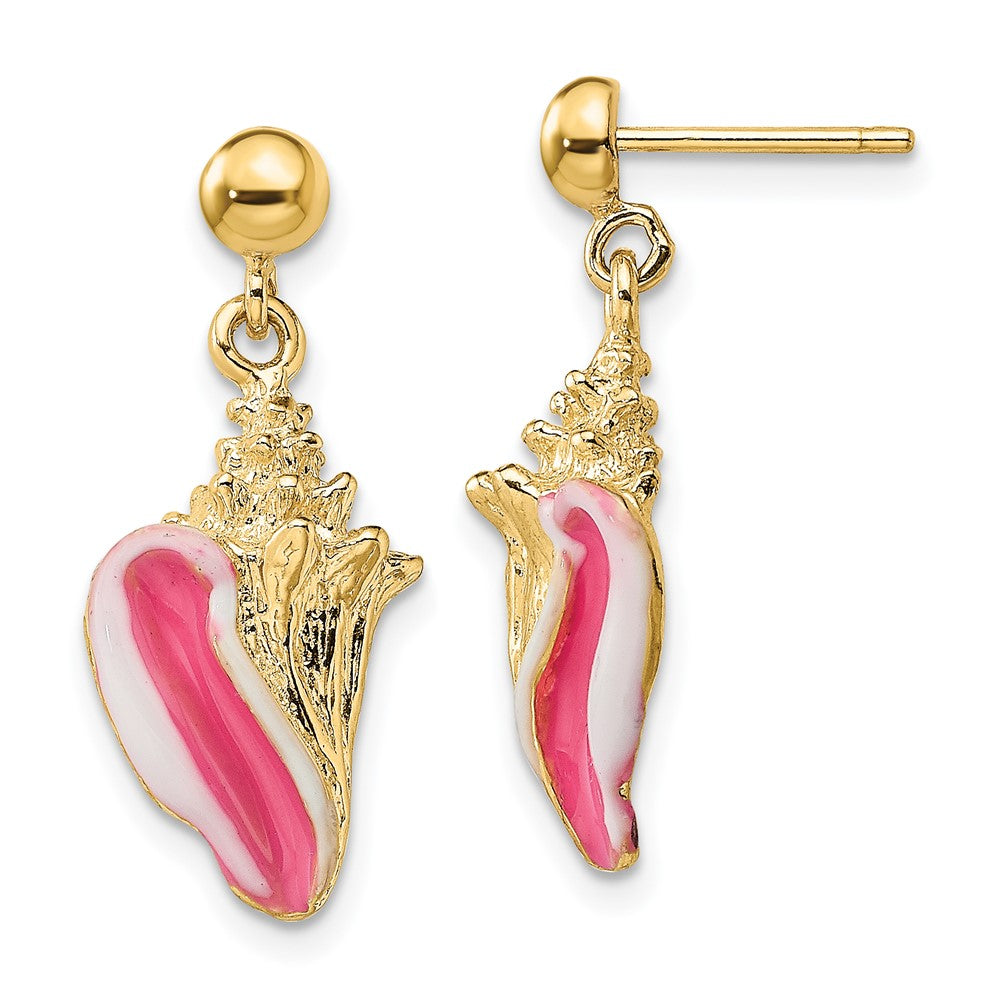 14K Yellow Gold White And Pink Enamel Conch Shell Dangle Earrings