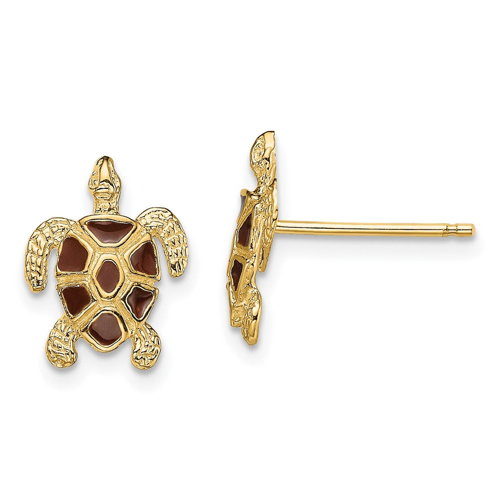 14K Yellow Gold Sea Turtle W/Brown Enamel Shell / Textured Post Earrings