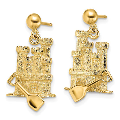 14K Yellow Gold 3-D W/ Shovel Sand Castle Dangle Earrings