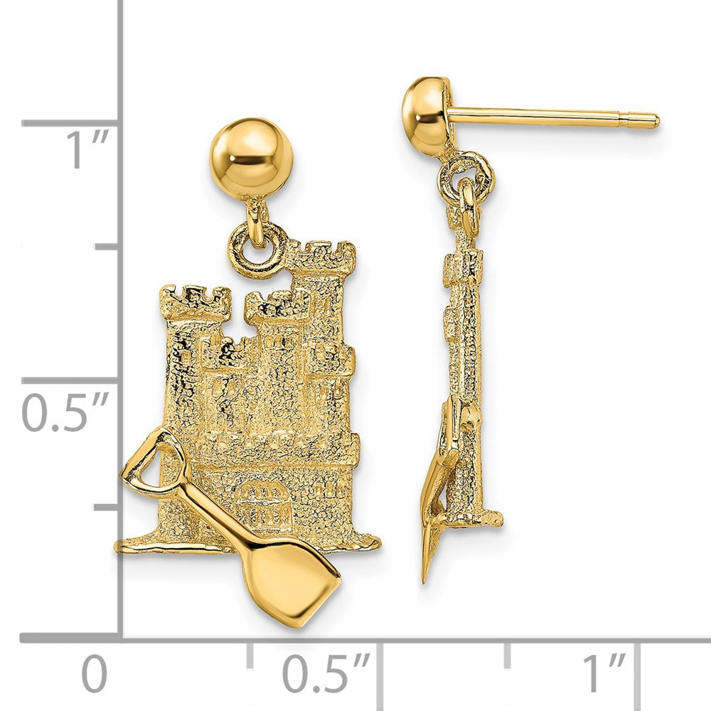 14K Yellow Gold 3-D W/ Shovel Sand Castle Dangle Earrings
