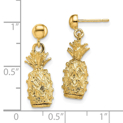 14K Yellow Gold 3-D Pineapple Dangle Post Earrings