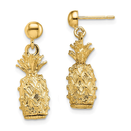 14K Yellow Gold 3-D Pineapple Dangle Post Earrings