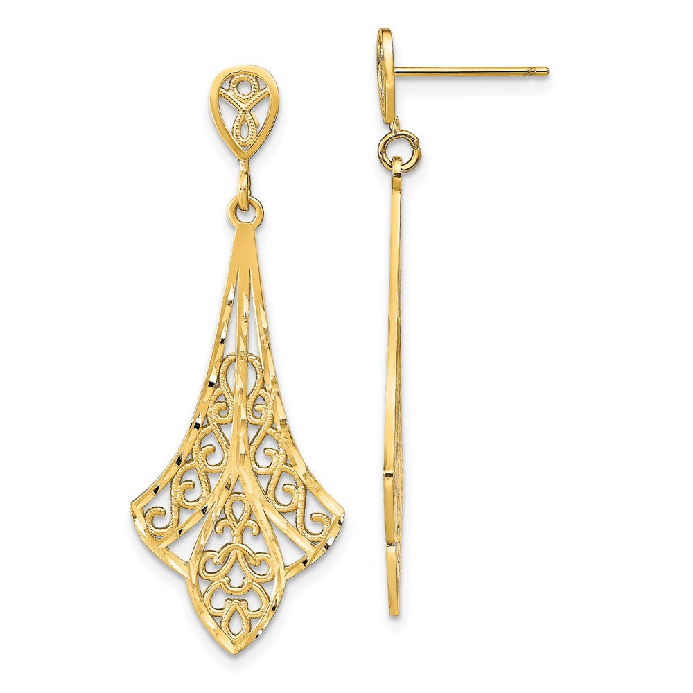 14K Yellow Gold D/C Filigree Dangle Post Earrings