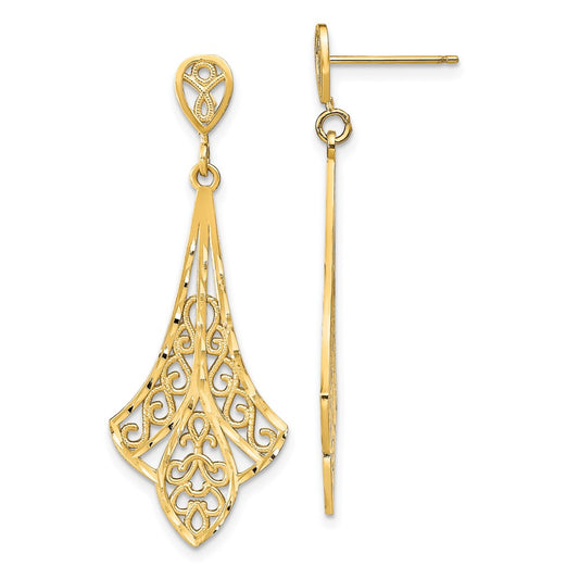 14K Yellow Gold D/C Filigree Dangle Post Earrings