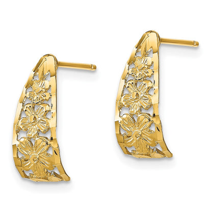 14K Yellow Gold D/C Flower J-Hoop Post Earrings