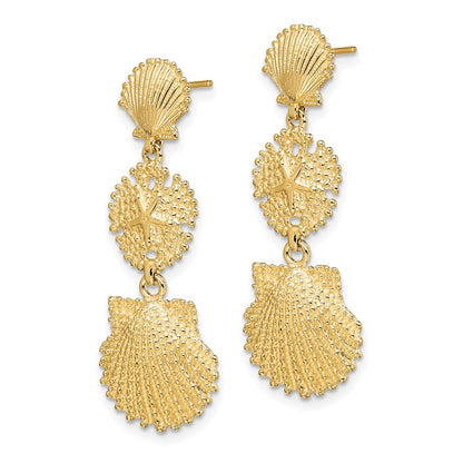14K Yellow Gold Scallop, Sand Dollar,,Scallop Dangle Earrings