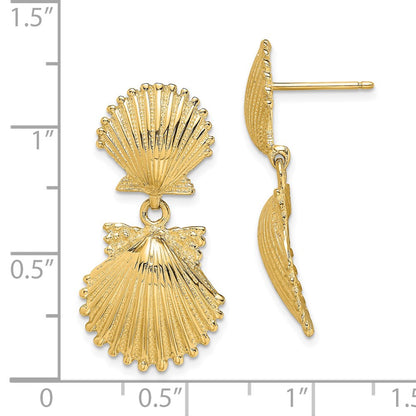14K Yellow Gold Double Scallop Shell Dangle Earrings