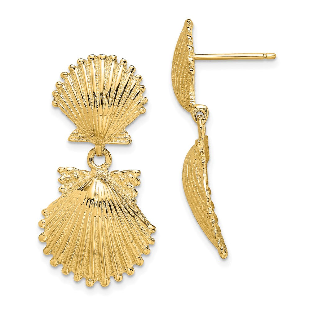 14K Yellow Gold Double Scallop Shell Dangle Earrings