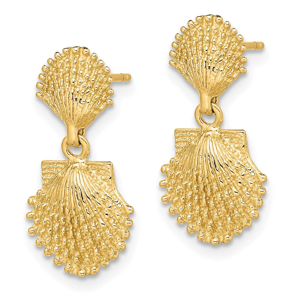 14K Yellow Gold Double Beaded Scallop Shell Dangle Earrings
