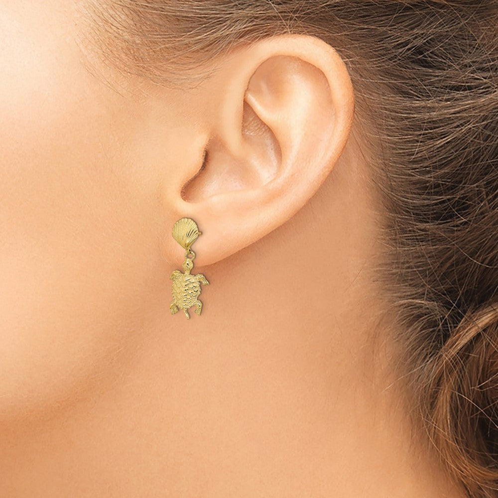 14K Yellow Gold Shell And Sea Turtle Dangle Earrings