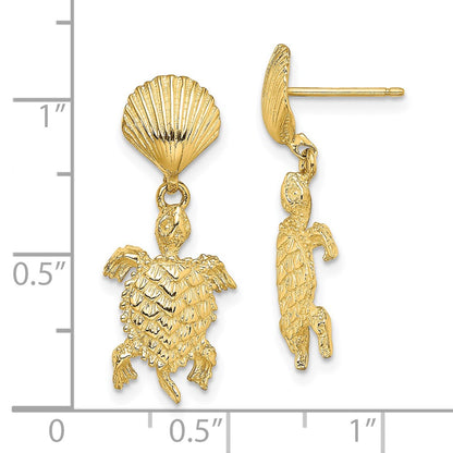 14K Yellow Gold Shell And Sea Turtle Dangle Earrings