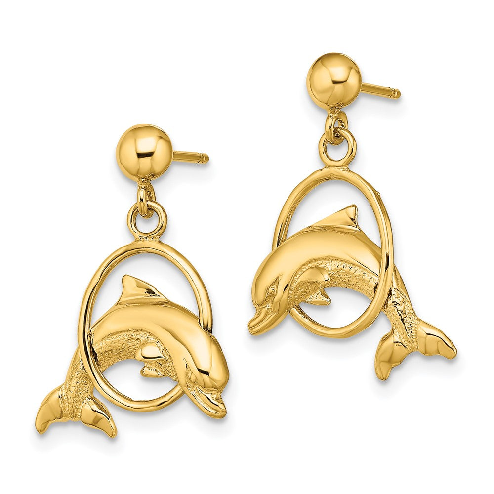14K Yellow Gold 2-D Polished Dolphin Jumping Through Hoop Earrings