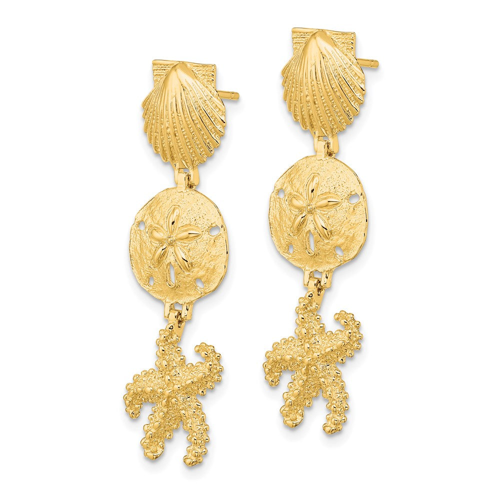 14K Yellow Gold Shell, Sand Dollar ,Starfish Post Dangle Earrings