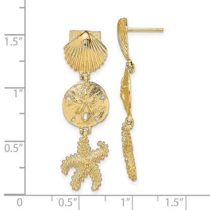 14K Yellow Gold Shell, Sand Dollar ,Starfish Post Dangle Earrings