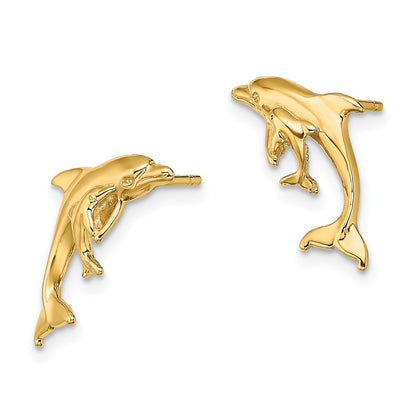 14K Yellow Gold Polished Dolphin And Baby Post Earrings