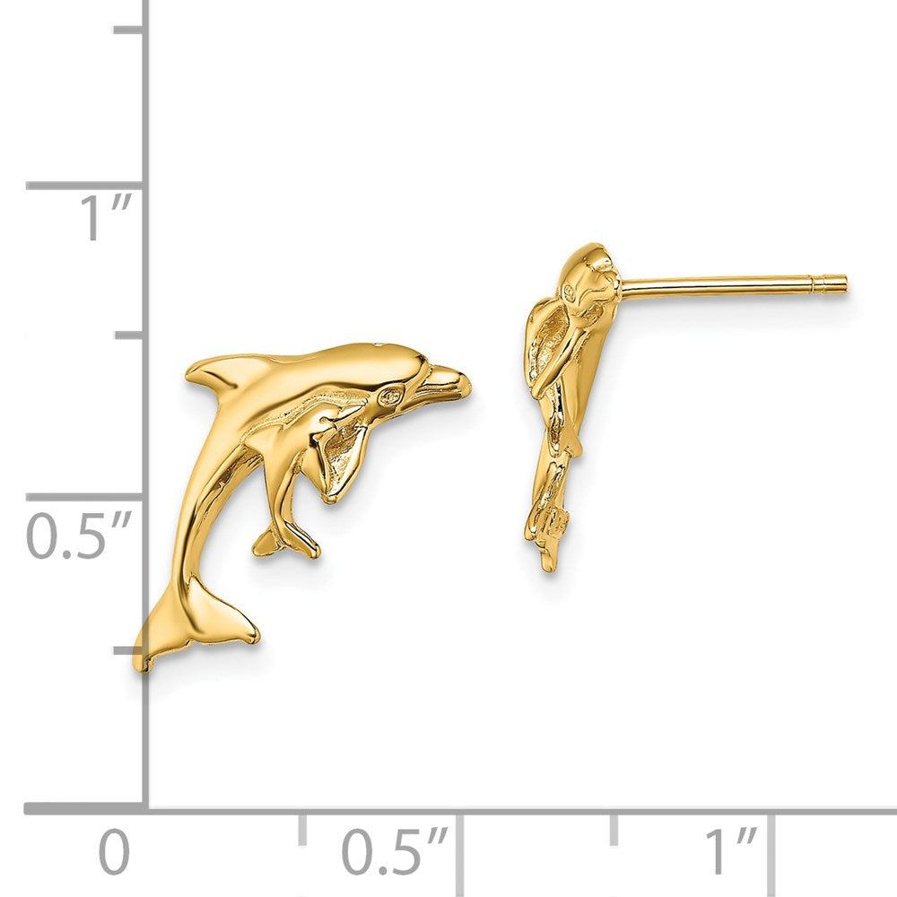 14K Yellow Gold Polished Dolphin And Baby Post Earrings