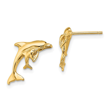 14K Yellow Gold Polished Dolphin And Baby Post Earrings