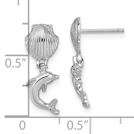 14K White Gold Dolphin Dangle From Mini Scallop Earrings