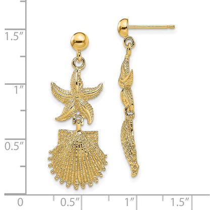 14K Yellow Gold Starfish/Scallop Shell Dangle Earrings