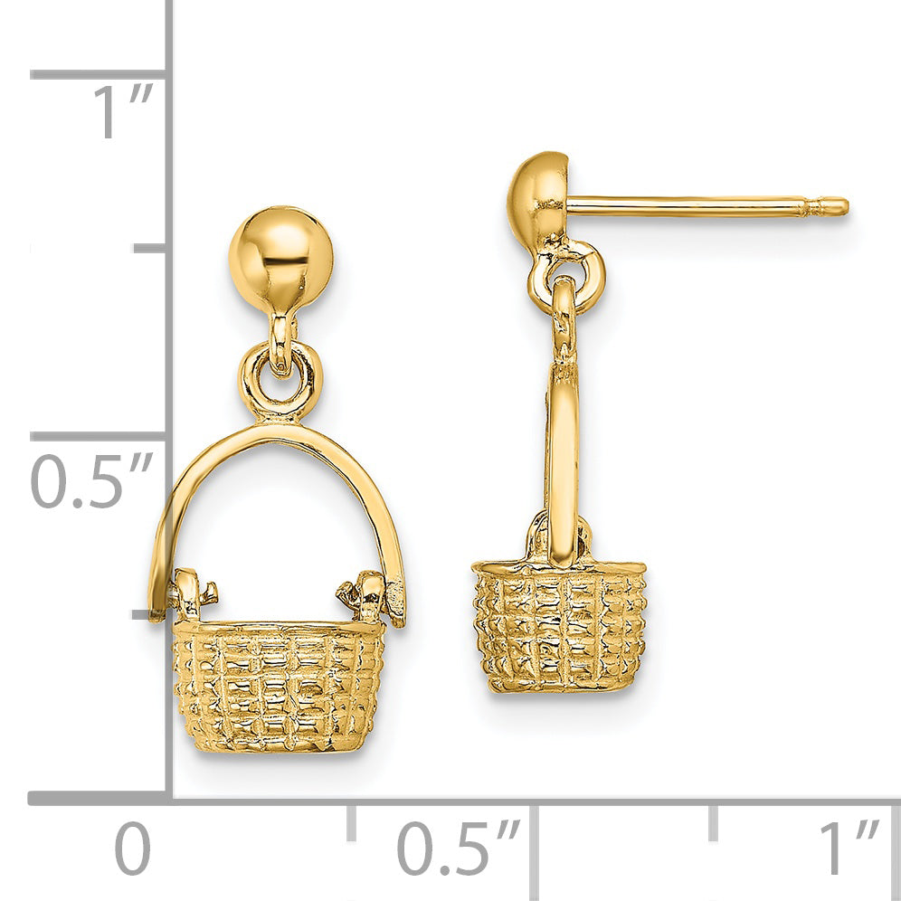 14K Yellow Gold 3-D Basket / Moveable Handle Dangle Earrings