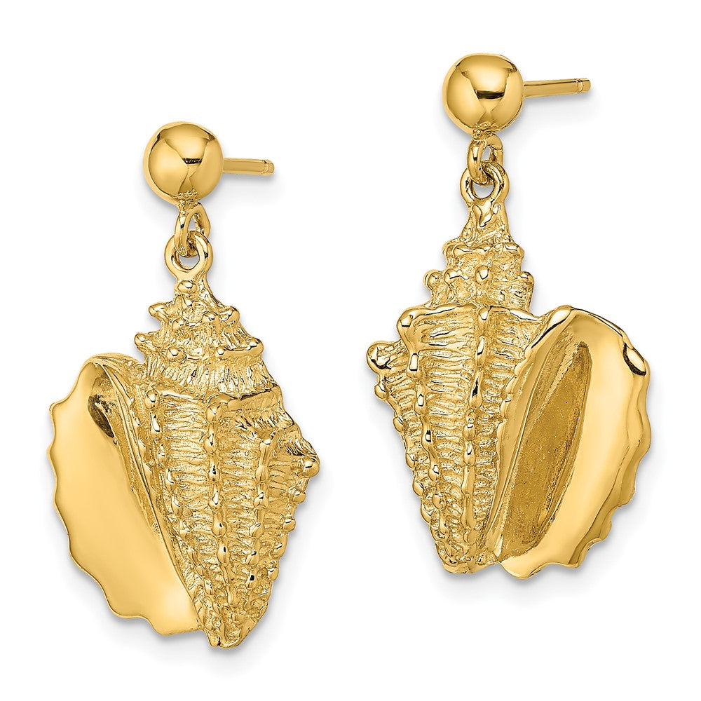 14K Yellow Gold 2-D Conch Shell Dangle Post Earrings