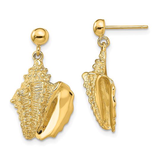 14K Yellow Gold 2-D Conch Shell Dangle Post Earrings