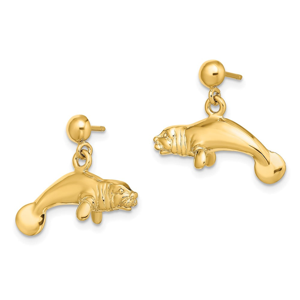 14K Yellow Gold 3-D Polished Manatee Dangle Earrings