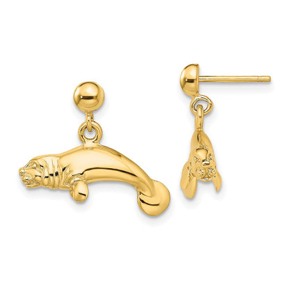 14K Yellow Gold 3-D Polished Manatee Dangle Earrings