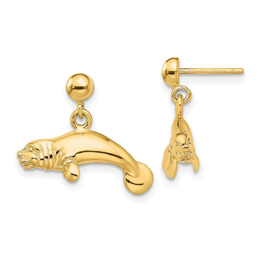 14K Yellow Gold 3-D Polished Manatee Dangle Earrings