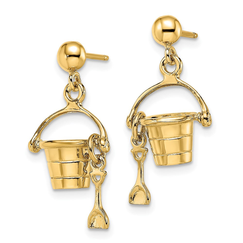 14K Yellow Gold 3-D Beach Bucket W/ Shovel Dangle Earrings