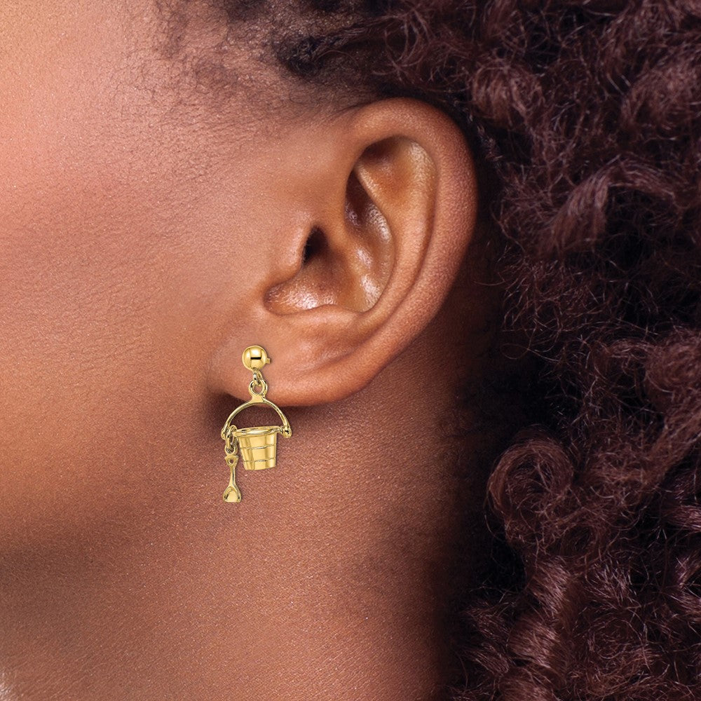 14K Yellow Gold 3-D Beach Bucket W/ Shovel Dangle Earrings