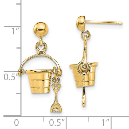 14K Yellow Gold 3-D Beach Bucket W/ Shovel Dangle Earrings