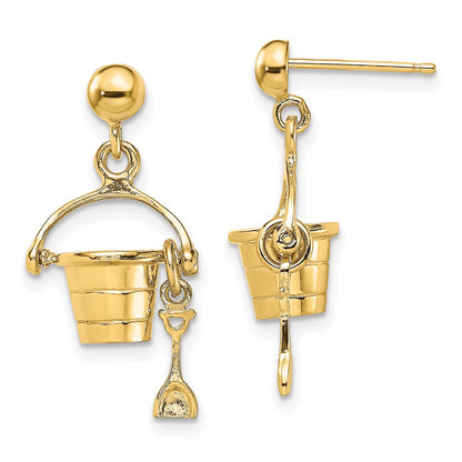 14K Yellow Gold 3-D Beach Bucket W/ Shovel Dangle Earrings