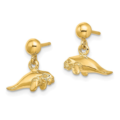 14K Yellow Gold 3-D Polished Mini Manatee Dangle Earrings