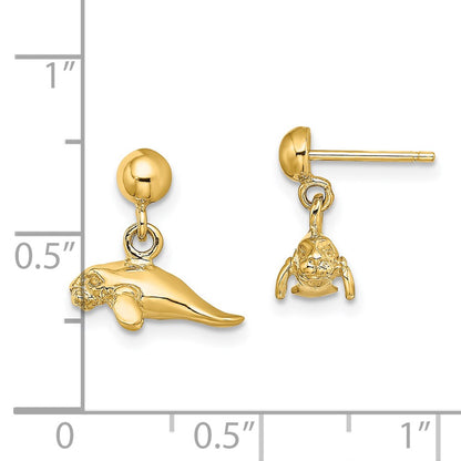 14K Yellow Gold 3-D Polished Mini Manatee Dangle Earrings